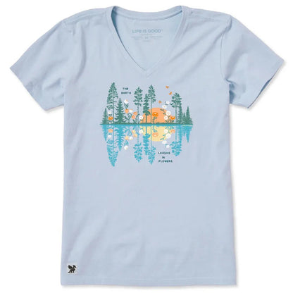 A light blue Life is Good Women's Reflections in Bloom Short Sleeve Vee with a nature graphic on the front.