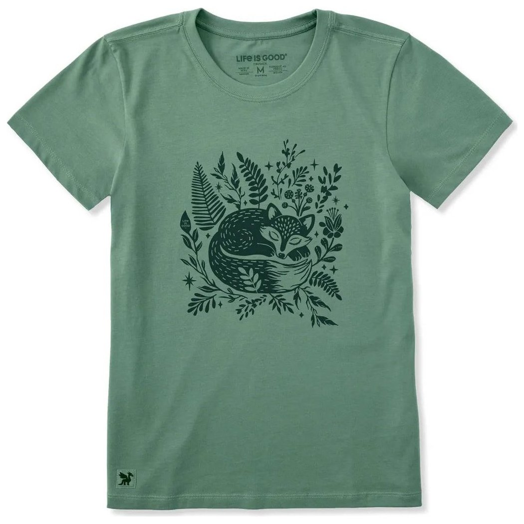 A front view of the Life is Good Women's Sleeping Fox on Ferns Short Sleeve Crusher Tee in Granite Green showing the fox graphic on the front.