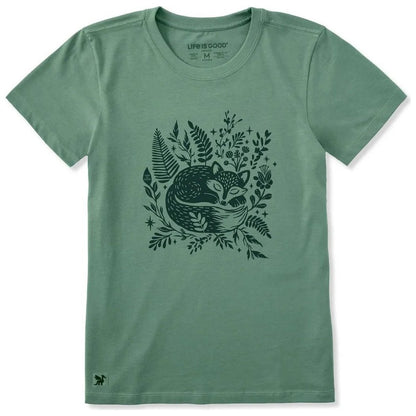 A front view of the Life is Good Women's Sleeping Fox on Ferns Short Sleeve Crusher Tee in Granite Green showing the fox graphic on the front.