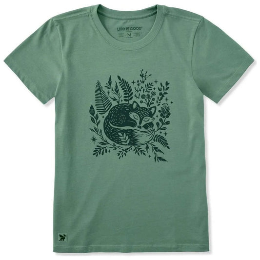 A front view of the Life is Good Women's Sleeping Fox on Ferns Short Sleeve Crusher Tee in Granite Green showing the fox graphic on the front.