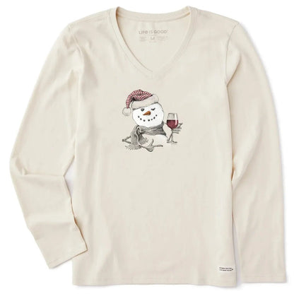 A front view of the Life is Good Women's Snowman w Red Wine Long Sleeve Crusher Vee in Putty White showing the snowman graphic on a white background.