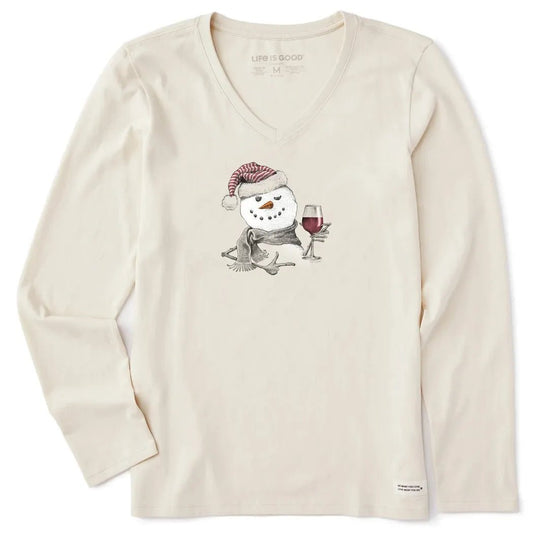 A front view of the Life is Good Women's Snowman w Red Wine Long Sleeve Crusher Vee in Putty White showing the snowman graphic on a white background.