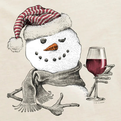 A snowman wearing a Life is Good Women's Snowman w Red Wine Crusher Vee top holds a glass of red wine, with a Putty White background.