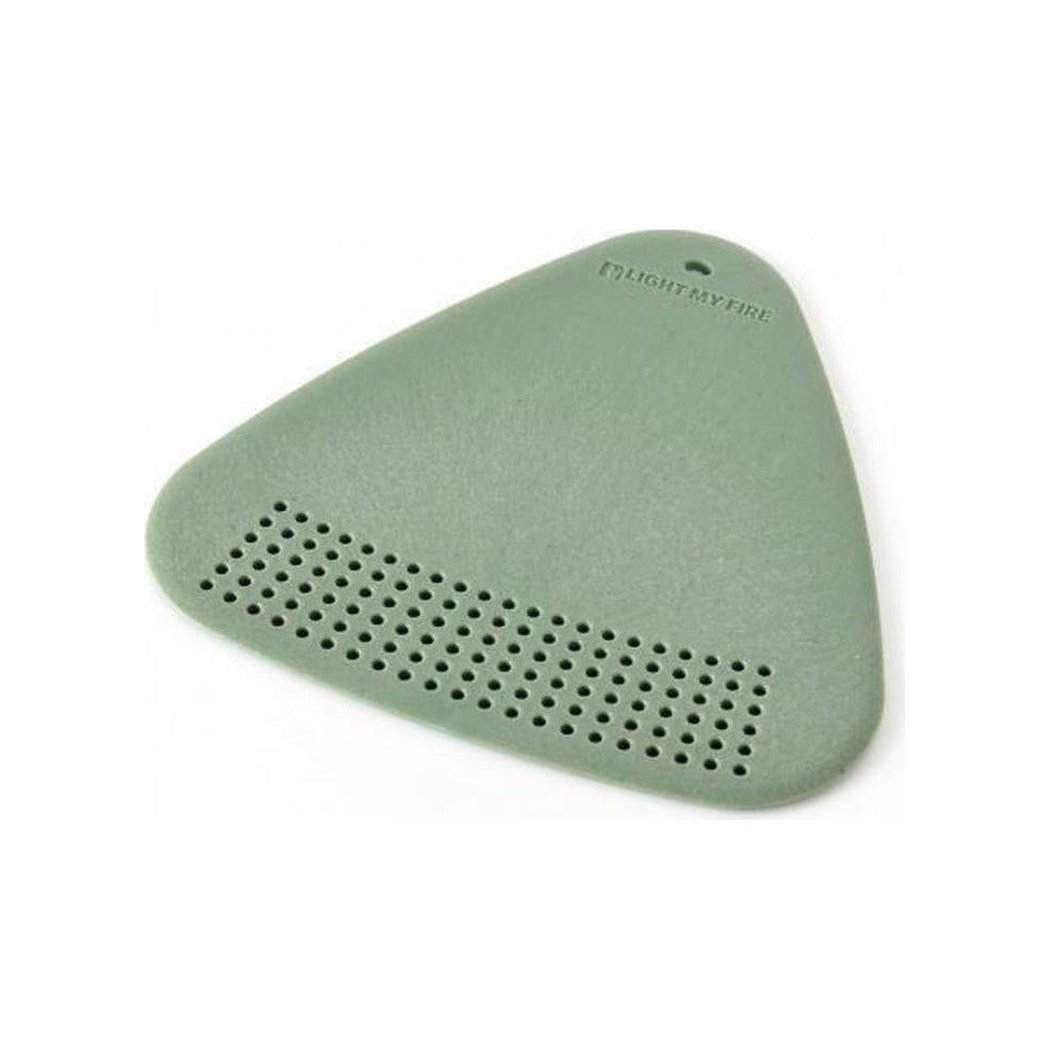 A top-down view of the Hazy Blue Light My Fire Cutting Board BIO 2in1 with ventilation holes and a small hole at the top, set against a white background.