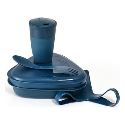 A top-down view of the Light My Fire MessKit BIO 5pcs in Musty Yellow with a fork and spoon on the container and a strap visible against a white background.