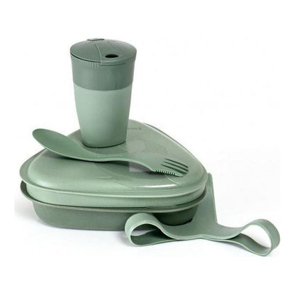 A top-down view of the Light My Fire MessKit BIO 5pcs in Musty Yellow with a matching cup, utensils, and strap against a white background.