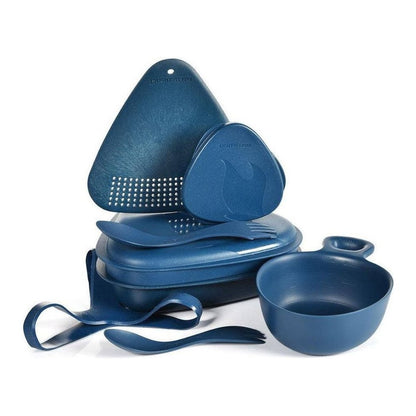 A top-down view of the Hazy Blue Light My Fire Outdoor MealKit BIO with a bowl and utensils against a white background.