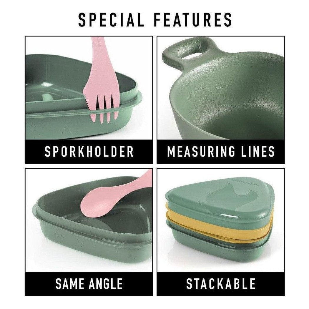 A photo of the Light My Fire Outdoor MealKit BIO in Hazy Blue showing its sporkholder, measuring lines, same angle, and stackable features.