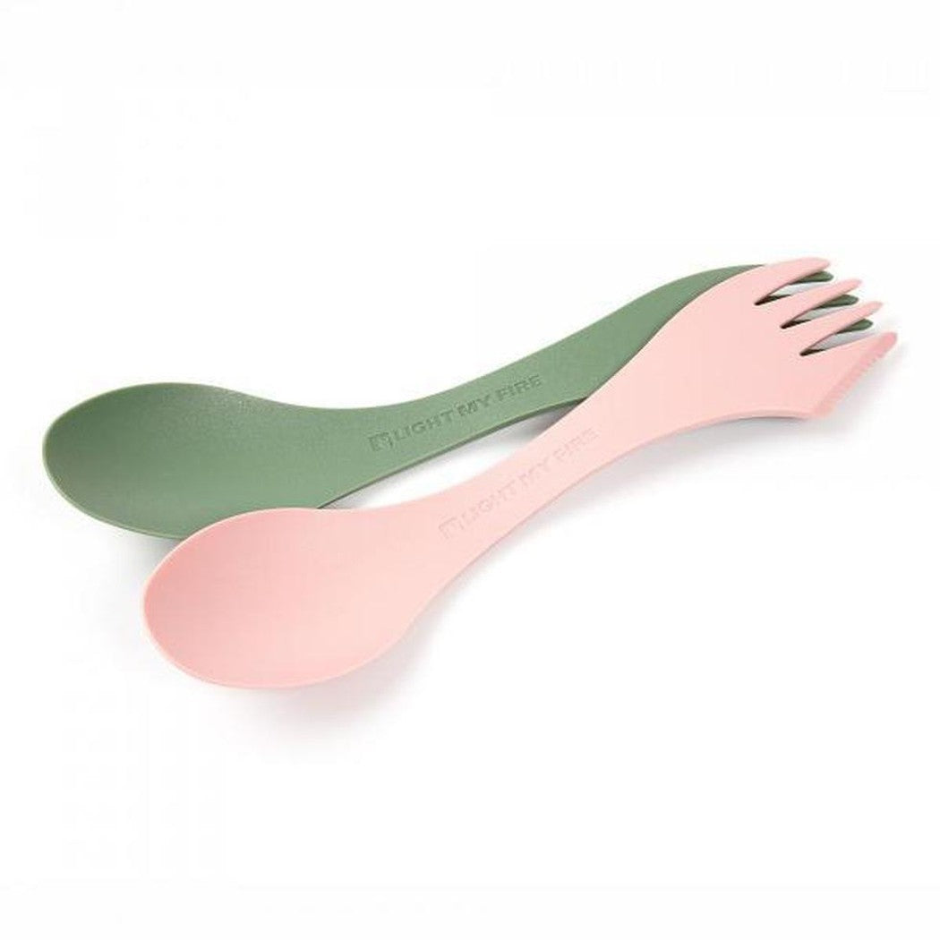 A side view of the Light My Fire Spork Original BIO 2-pack in Musty Yellow/Hazy Blue showing the spork design against a white background.