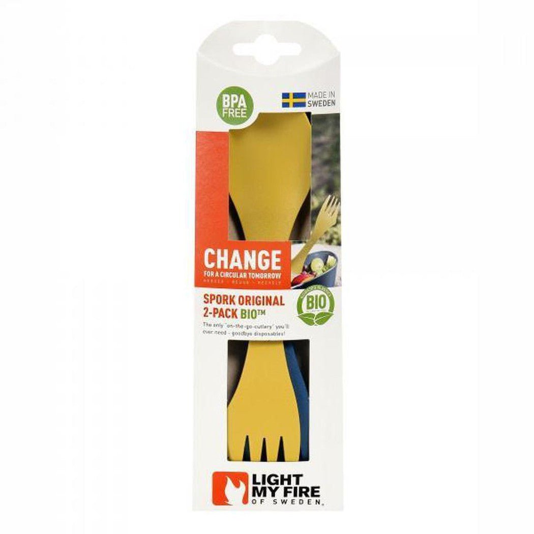 Front view of the Light My Fire Spork Original BIO 2-pack in Musty Yellow/Hazy Blue showing the fork and knife design against a white background.