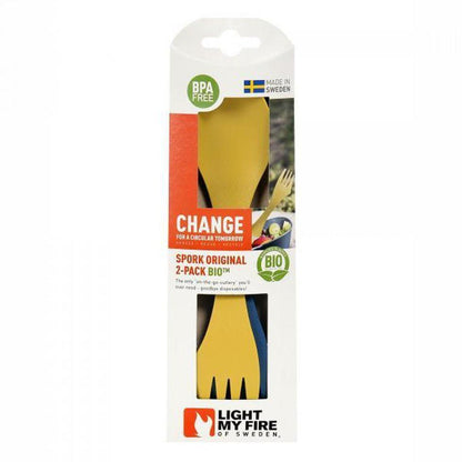 Front view of the Light My Fire Spork Original BIO 2-pack in Musty Yellow/Hazy Blue showing the fork and knife design against a white background.