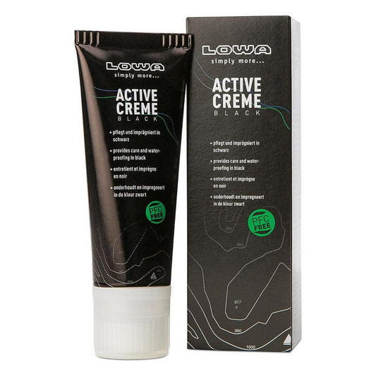 A side view of the Lowa Active Creme Black 75 ml tube and box against a white background.