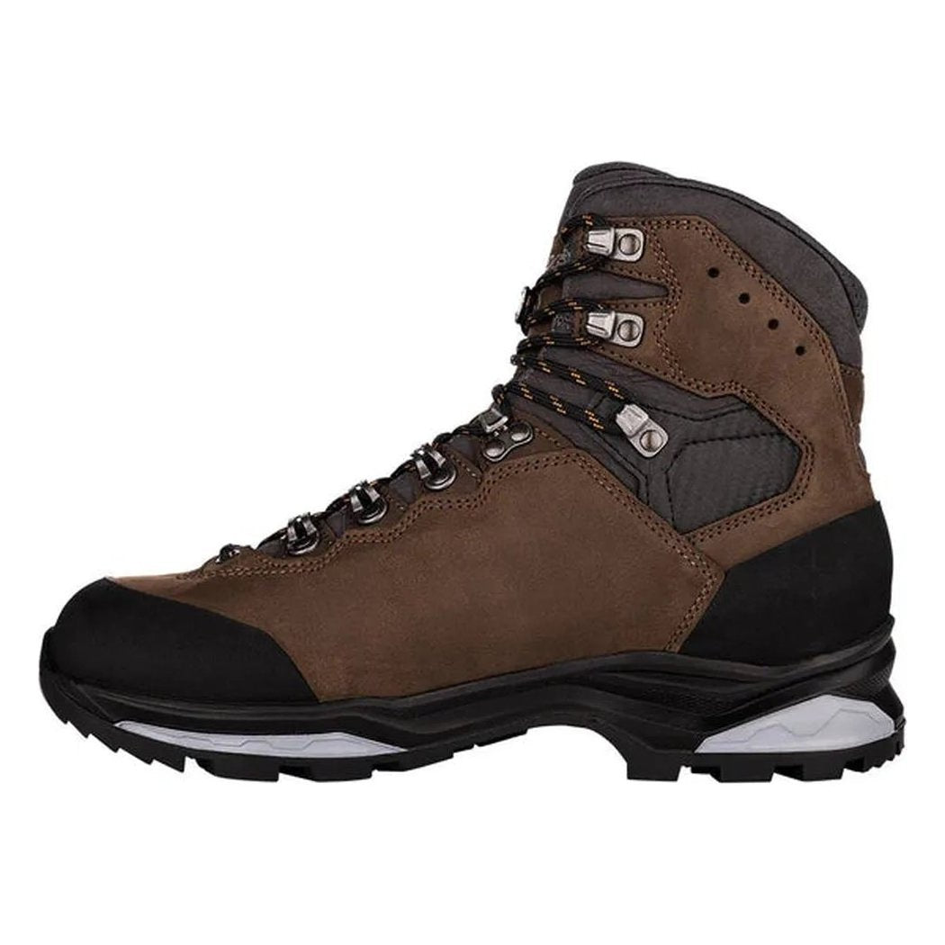 Side view of the Lowa Camino Evo GTX in Brown/Graphite showing the lugged outsole against a white background.