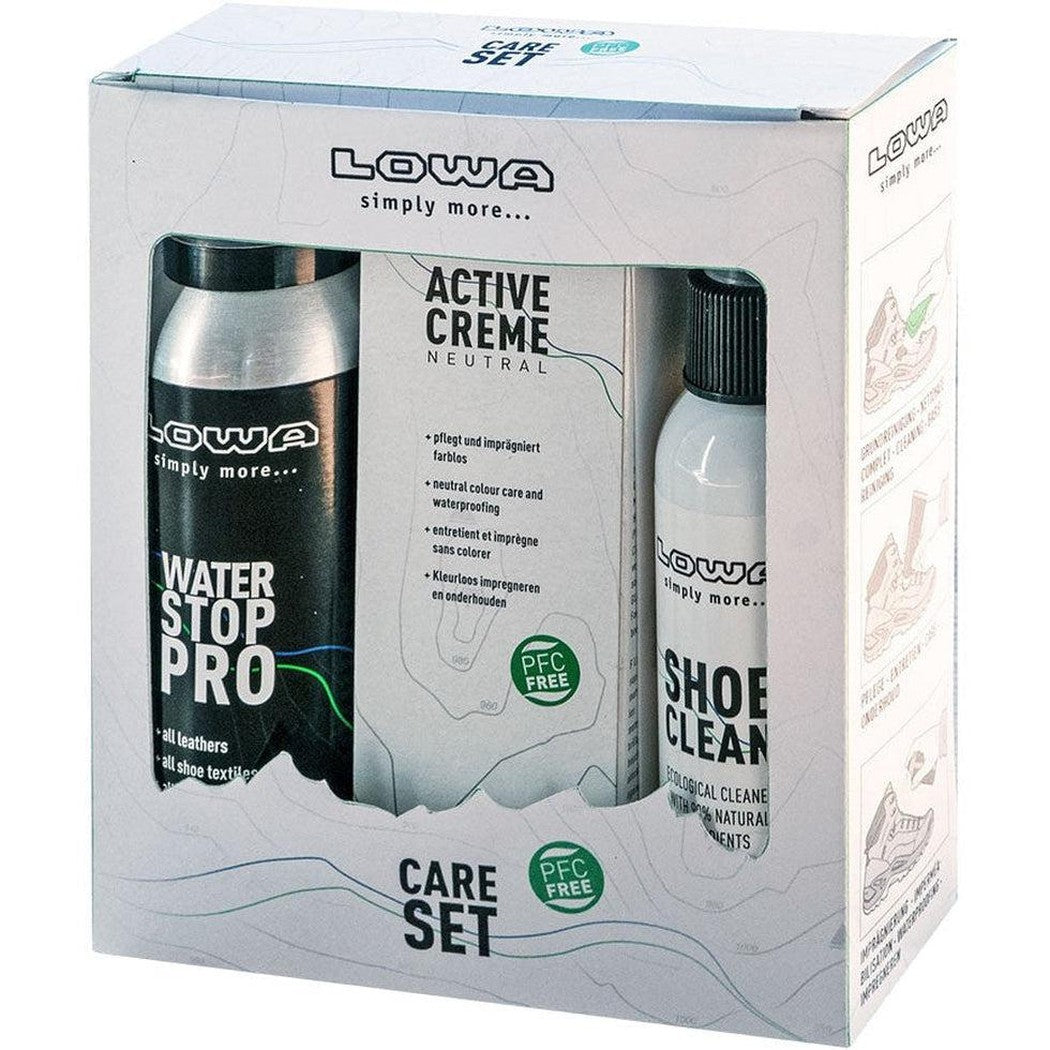 A front view of the Lowa Care Set showing the Water Stop Pro, Active Creme Neutral, and Shoe Clean bottles in a white box with "Care Set" text.