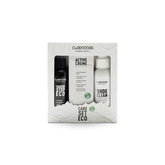 A front view of the Lowa Care Set Eco cleaning kit with three bottles in a white box against a white background.