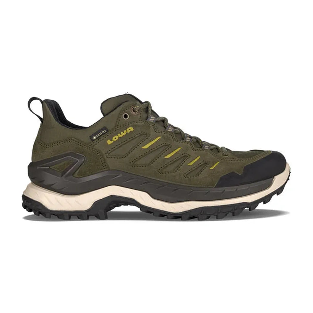 Side view of the Lowa Innovo GTX Lo in Navy/Grey showing the lugged outsole against a white background.