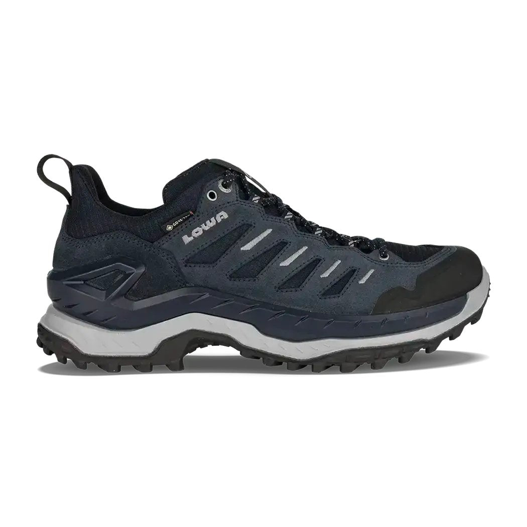 Side view of the Lowa Innovo GTX Lo in Navy/Grey showing the lugged outsole against a white background.