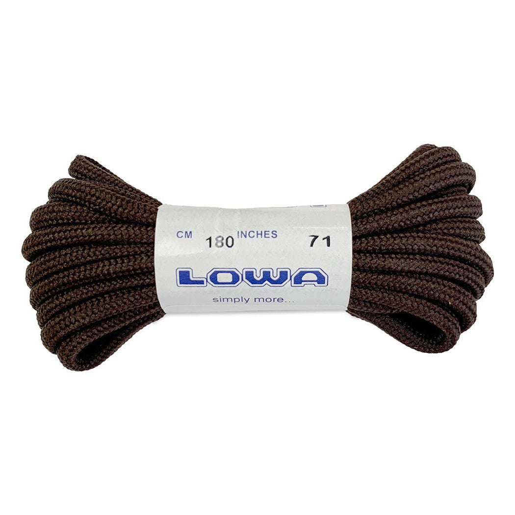 Brown Lowa laces coiled on a white background with the brand label visible.