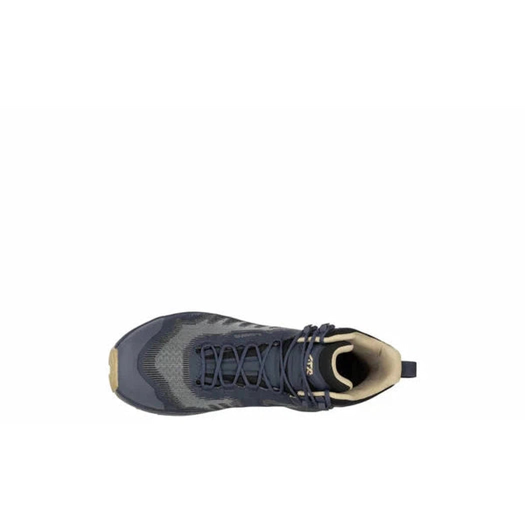 Top view of the Lowa Men's Fortux GTX QC in Navy/Dune with a beige interior and dark laces against a white background.