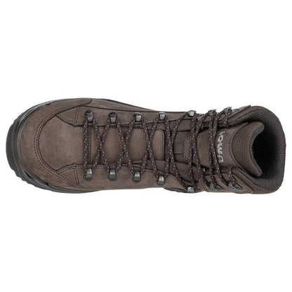 Top view of the Lowa Men's Renegade EVO GTX Mid boot showing the lacing system and anthracite/steel blue color against a white background.