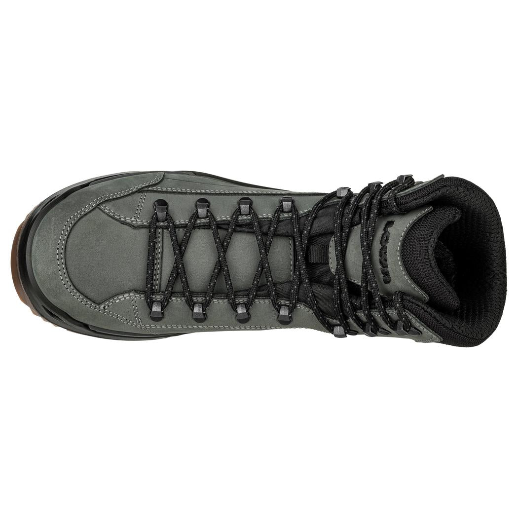 Top view of the Lowa Renegade EVO GTX Mid in Dark Grey/Black showing the lacing system and black collar against a white background.