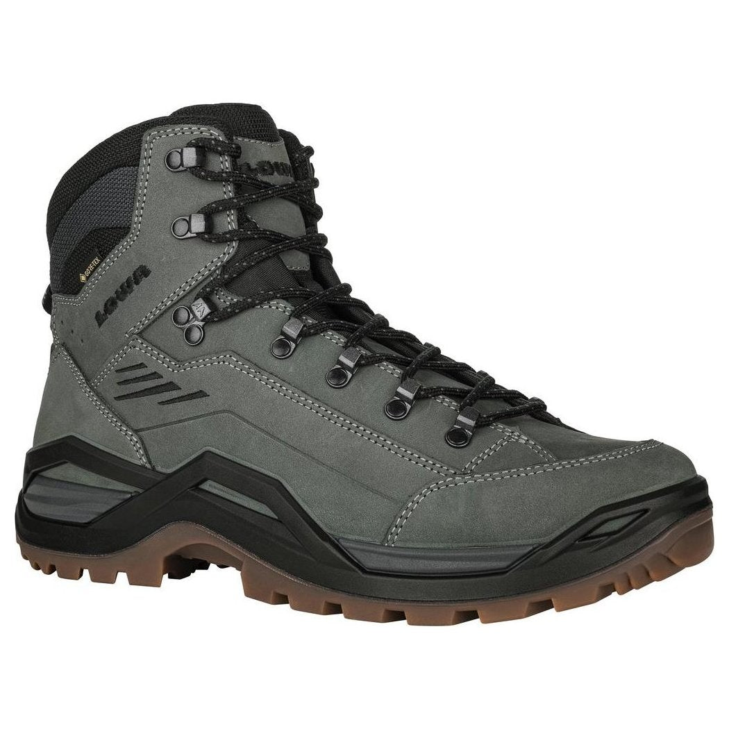 Side view of the Lowa Renegade EVO GTX Mid in Dark Grey/Black showing the lugged outsole against a white background.