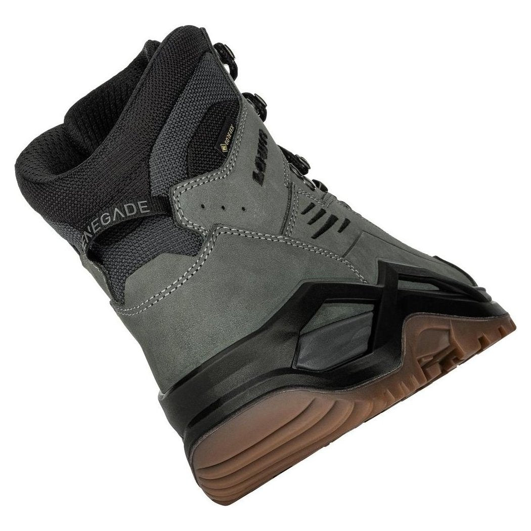 Side view of the Lowa Renegade EVO GTX Mid in Dark Grey/Black showing the lugged outsole against a white background.