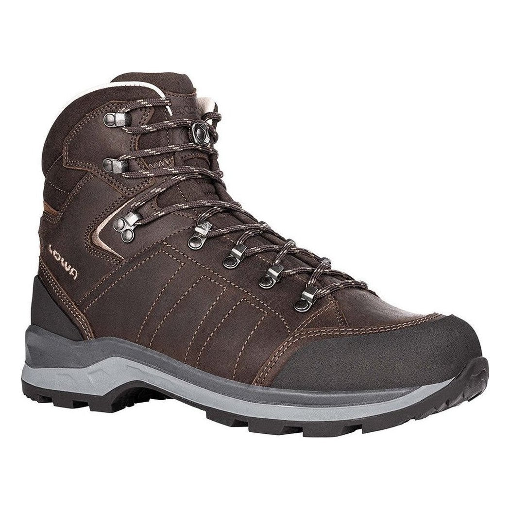 A side view of the brown Lowa Trekker LL hiking boot with metal eyelets and a gray rubber sole against a white background.