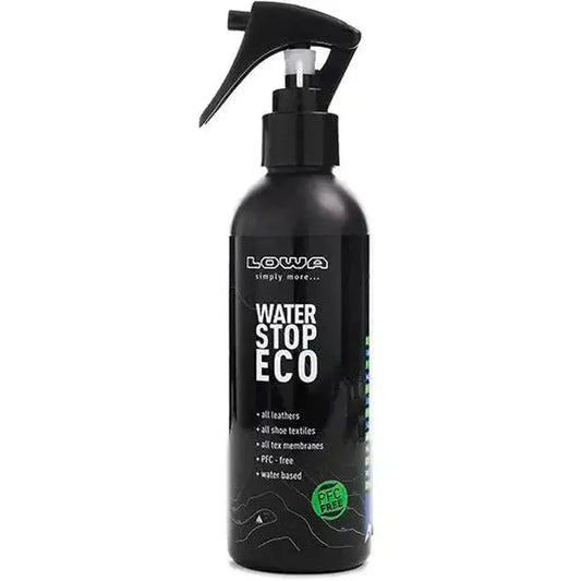 A black Lowa Waterstop ECO 200 ML spray bottle with a trigger top is shown against a white background.