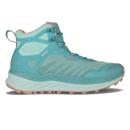 Side view of the Lowa Women's Fortux GTX QC in Arctic/Rose showing the lugged outsole against a white background.