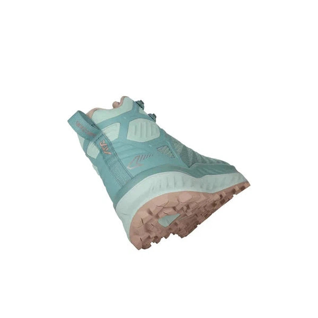 Side view of the Lowa Women's Fortux GTX QC in Arctic/Rose showing the lugged outsole against a white background.
