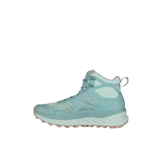 Side view of the Lowa Women's Fortux GTX QC in Arctic/Rose showing the lugged outsole against a white background.