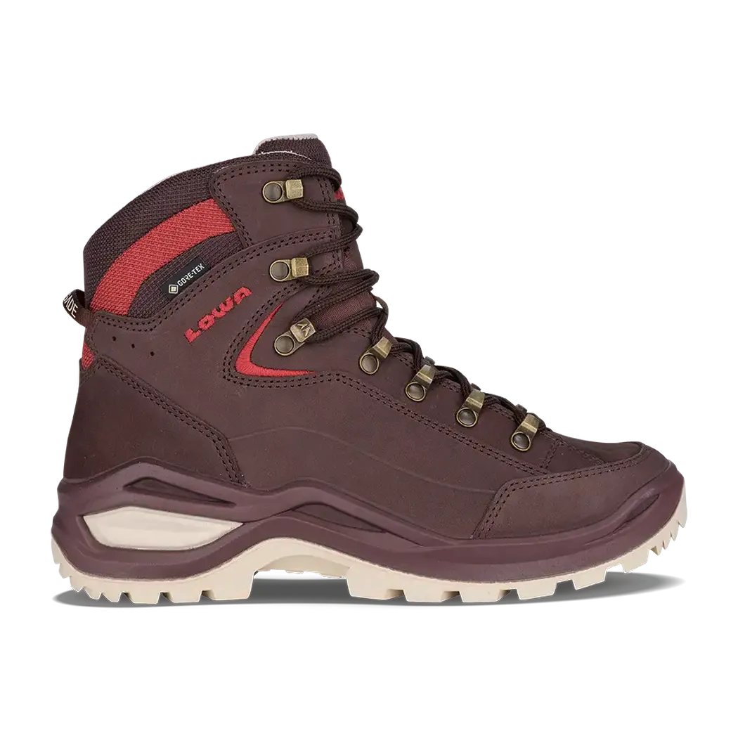 Side view of the Lowa Women's Renegade EVO GTX Mid in Brown Rose/Clay showing the lugged outsole against a white background.