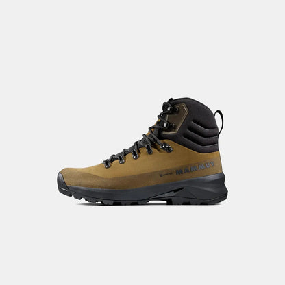 Side view of the Mammut Ducan III High LTH GTX Men boot in Moor Black with a black upper and lugged outsole against a white background.