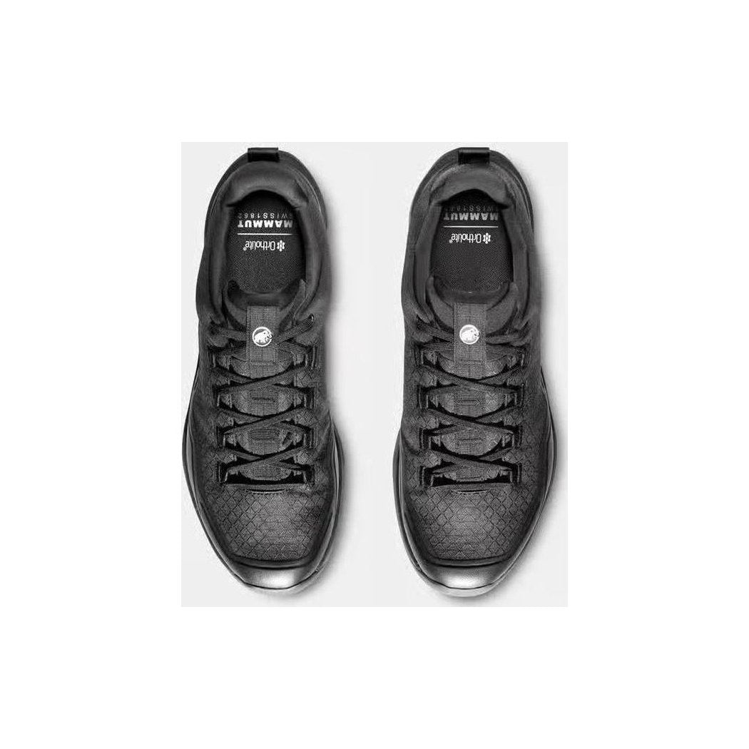 Top view of the Mammut Sertig III Low GTX Men in Gabbro Strata showing the lacing system and interior branding against a white background.