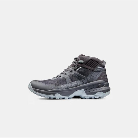 Side view of the Mammut Sports Group Sertig II Mid GTX Women boot in Black with a high-top design and rugged outsole against a plain white background.