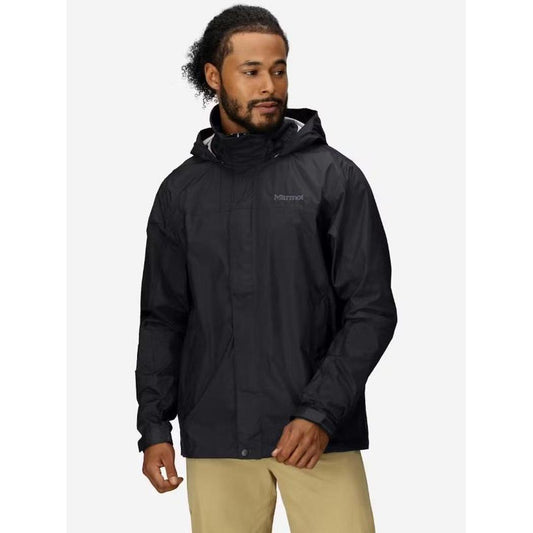A front view of the Marmot Men's PreCip Eco Jacket in Arctic Navy on a model wearing khaki pants against a white background.