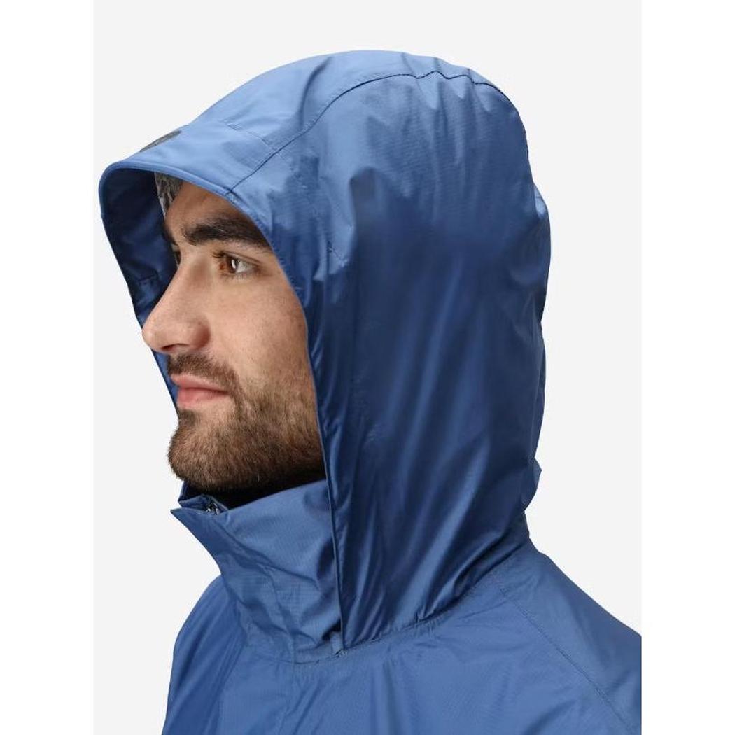 Side view of the Marmot Men's PreCip Eco Jacket in Arctic Navy showing the hood and a model wearing it against a white background.