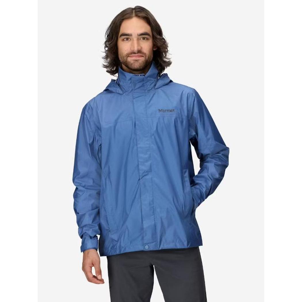 A front view of the Marmot Men's PreCip Eco Jacket in Arctic Navy on a model against a plain white background.