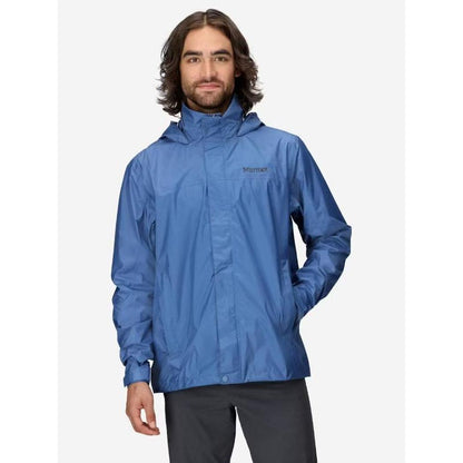 A front view of the Marmot Men's PreCip Eco Jacket in Arctic Navy on a model against a plain white background.