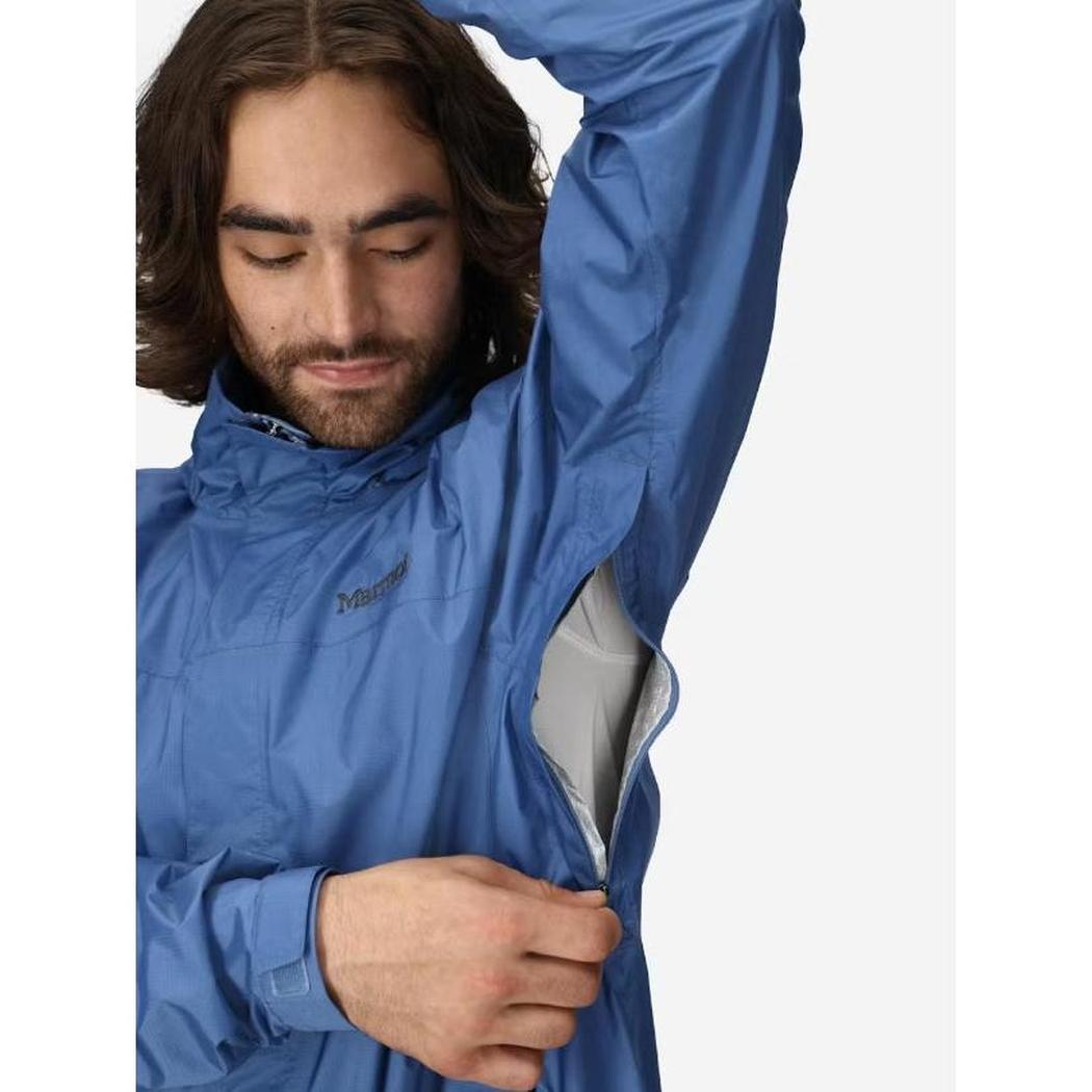 A man models the Marmot Men's PreCip Eco Jacket in Arctic Navy, showing the inner lining of the sleeve against a plain white background.