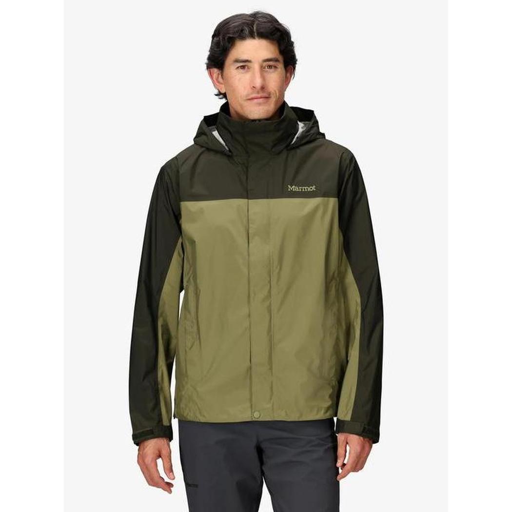 A front view of the Marmot Men's PreCip Eco Jacket in Arctic Navy on a model against a white background.