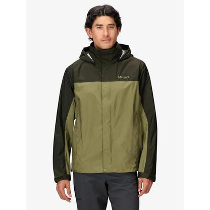 A front view of the Marmot Men's PreCip Eco Jacket in Arctic Navy on a model against a white background.