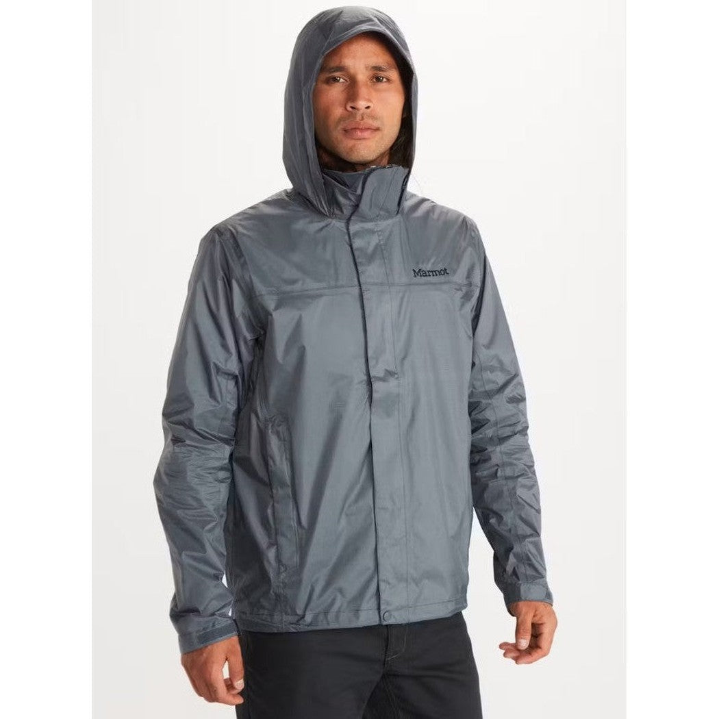 A front view of the Marmot Men's PreCip Eco Jacket in Arctic Navy with a hood up against a plain white background.