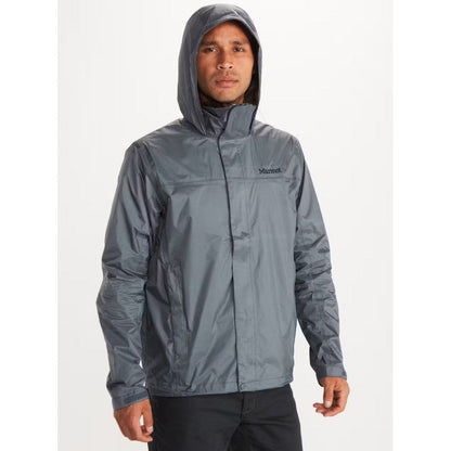 A front view of the Marmot Men's PreCip Eco Jacket in Arctic Navy with a hood up against a plain white background.