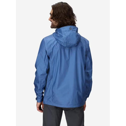 Back view of the Marmot Men's PreCip Eco Jacket in Arctic Navy on a model against a plain white background.