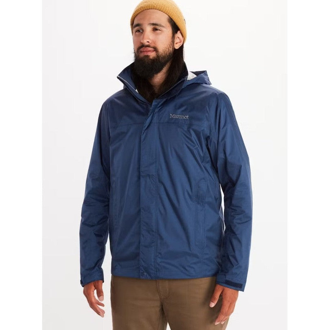 A front view of the Marmot Men's PreCip Eco Jacket in Arctic Navy on a model wearing tan pants against a white background.