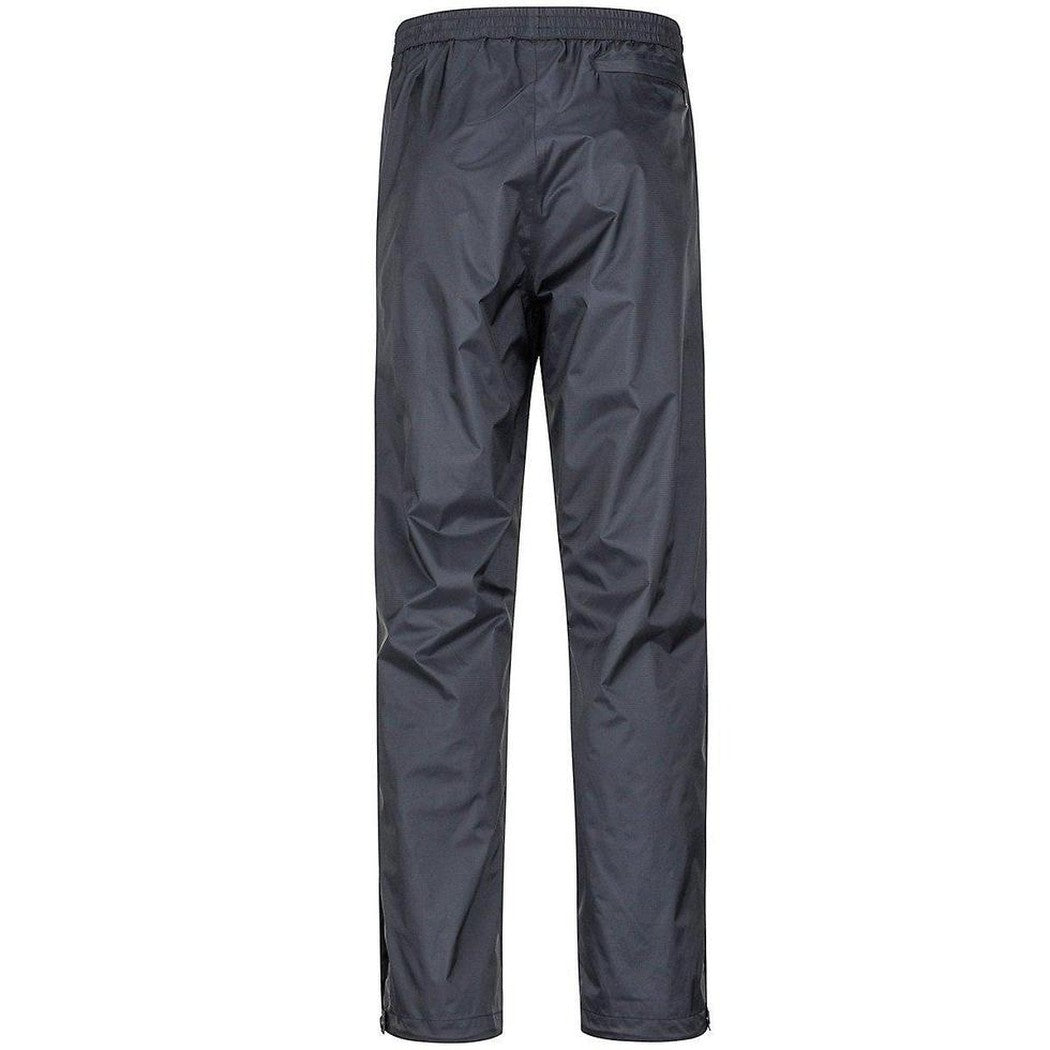 Back view of the Marmot Men's PreCip Eco Pant in Black showing the elastic waistband and straight leg fit against a white background.