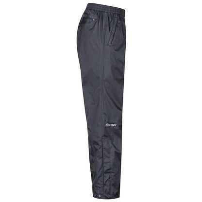 Side view of the Marmot Men's PreCip Eco Pant in Black showing the elastic waistband and Marmot logo on the leg against a white background.