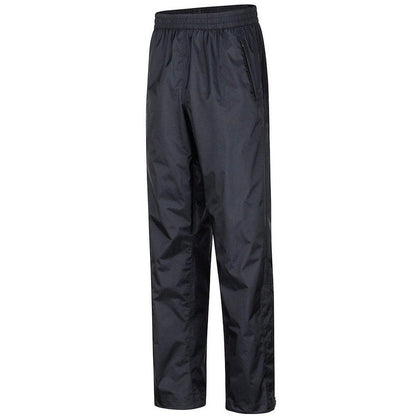 Side view of the Marmot Men's PreCip Eco Pant in Black showing the elastic waistband and side pocket against a white background.